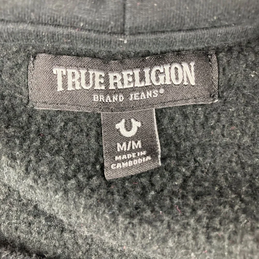 True Religion Mens Medium Black Full Zip Hoodie Buddha Graphic Fleece